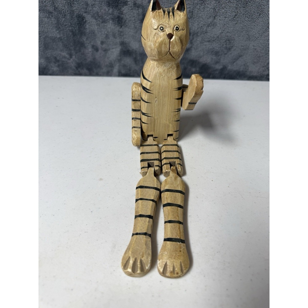 Vtg Hand Carved Wooden Cat Shelf Sitter Articulated Jointed Dangle Legs Folk Art